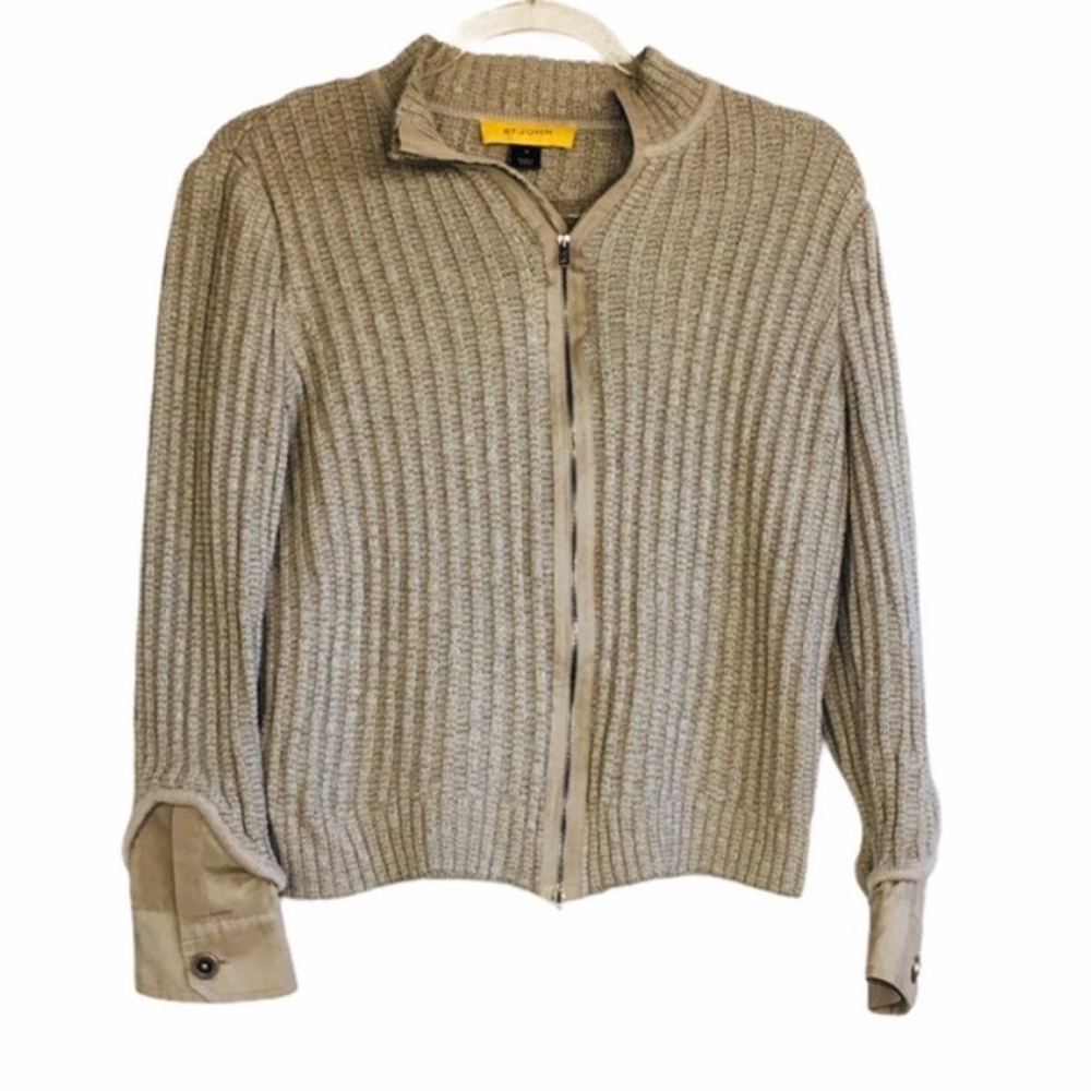St.John Beige Full Zip Knit Sweater Size Medium